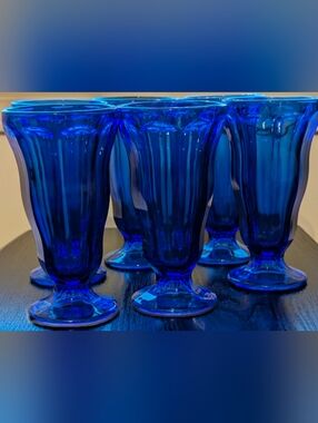 Cobalt Blue Pressed Glass Soda, Sundae,Parfait, Milkshake Fountain Glasses